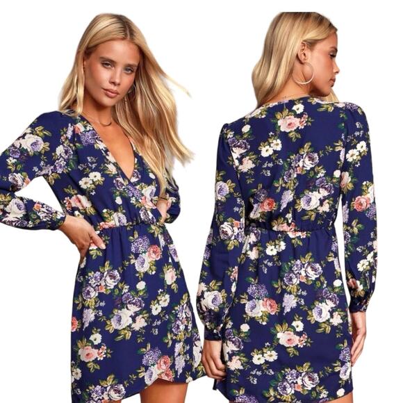 LULU'S Mini Floral Dress Faux Wrap LongSleeve V-Neck Cocktail Blue Cottagecore - Picture 2 of 12